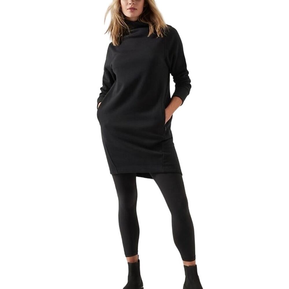 Athleta Cozy Karma Mock Neck Dress Pockets Above Knee Breathable Black S Petite